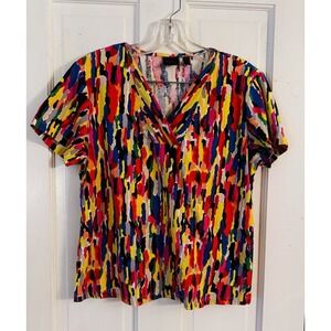 Rafaella Studio Women's Sz‎ L Multicolor Artsy Color Splash V Neck Top
